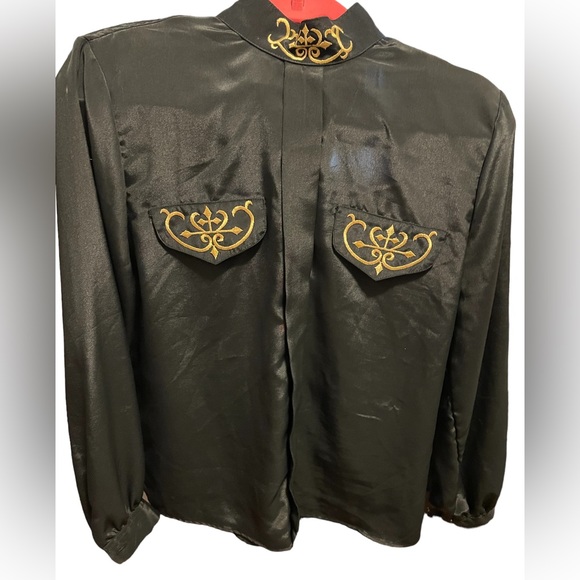 Gailord Tops - Vintage black long sleeved high neck blouse with gold embroidery